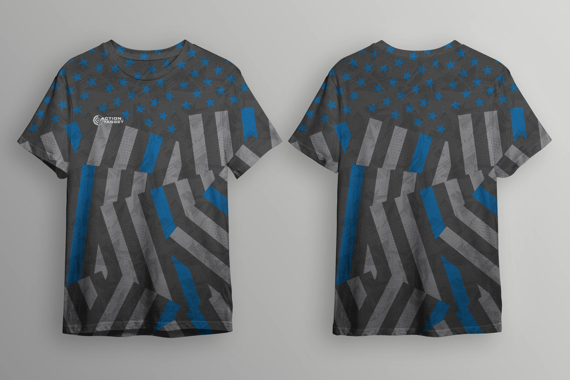 All-over print t-shirt front and back with flag and topographic pattern