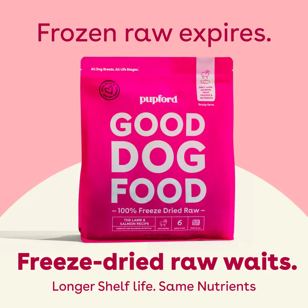 Pink ad reading Frozen raw expires, freeze-dried raw waits