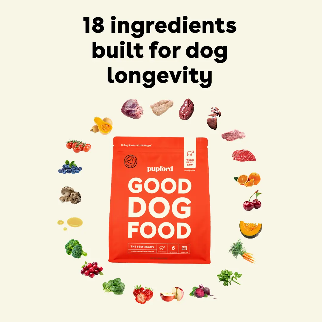 Ad showing a Good Dog Food bag ringed by eighteen whole ingredients