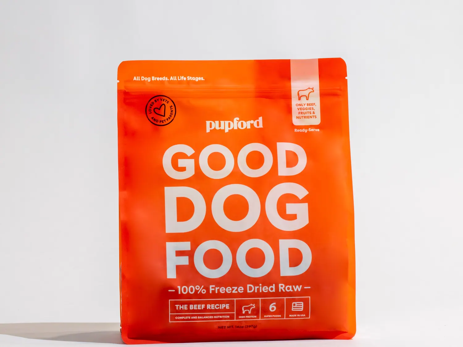 Red Good Dog Food beef recipe bag on a light background