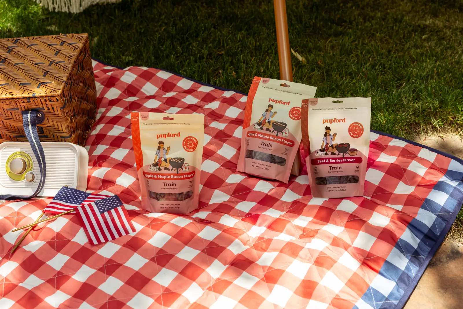 The Pupford range standing in a row on a red gingham picnic blanket beside a basket