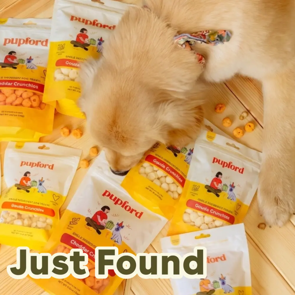 Yellow ad frame reading Just Found with treat bags