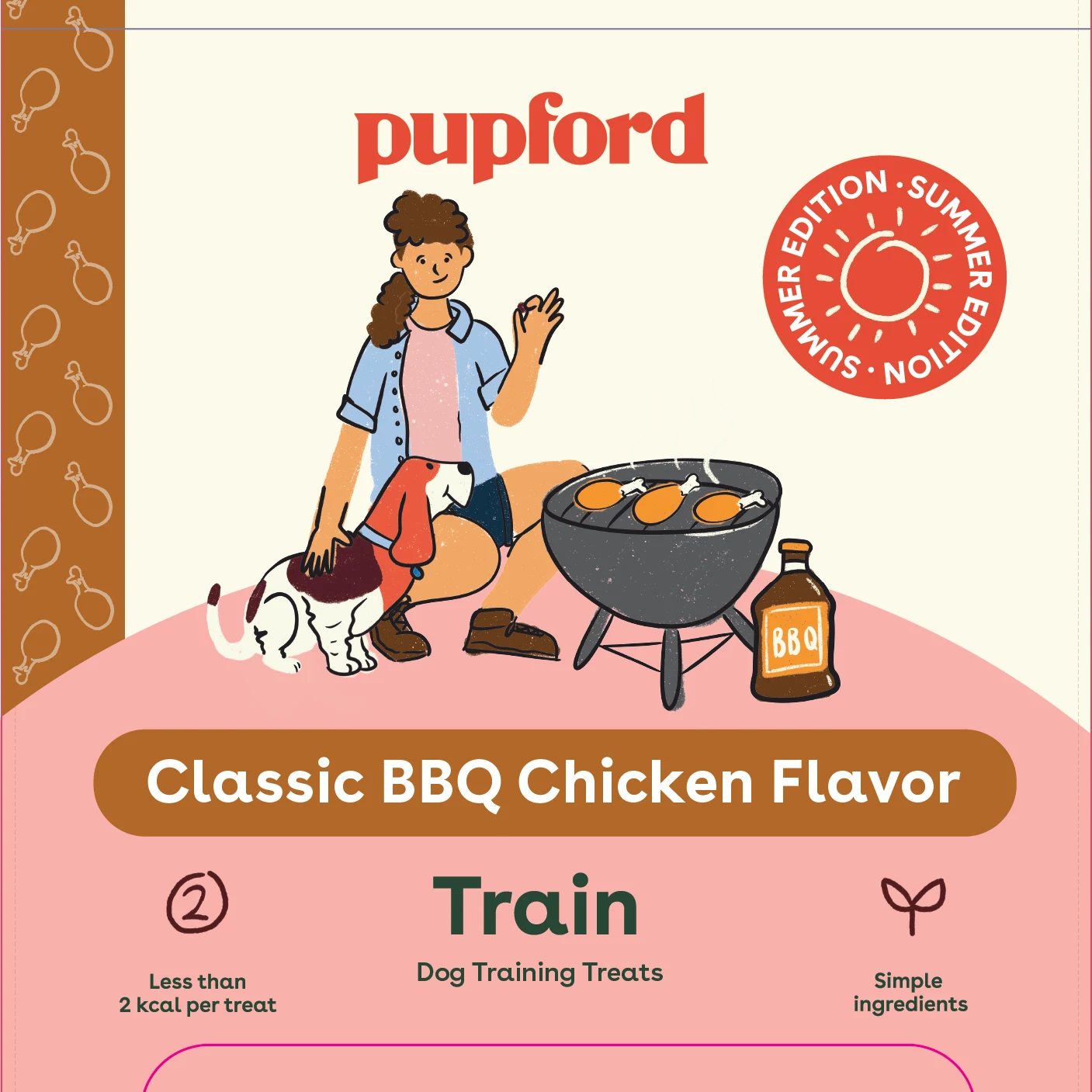 Front-of-pack artwork: the illustration placed under the Pupford logotype on a cream ground above the pink hill and the Classic BBQ Chicken Flavor bar