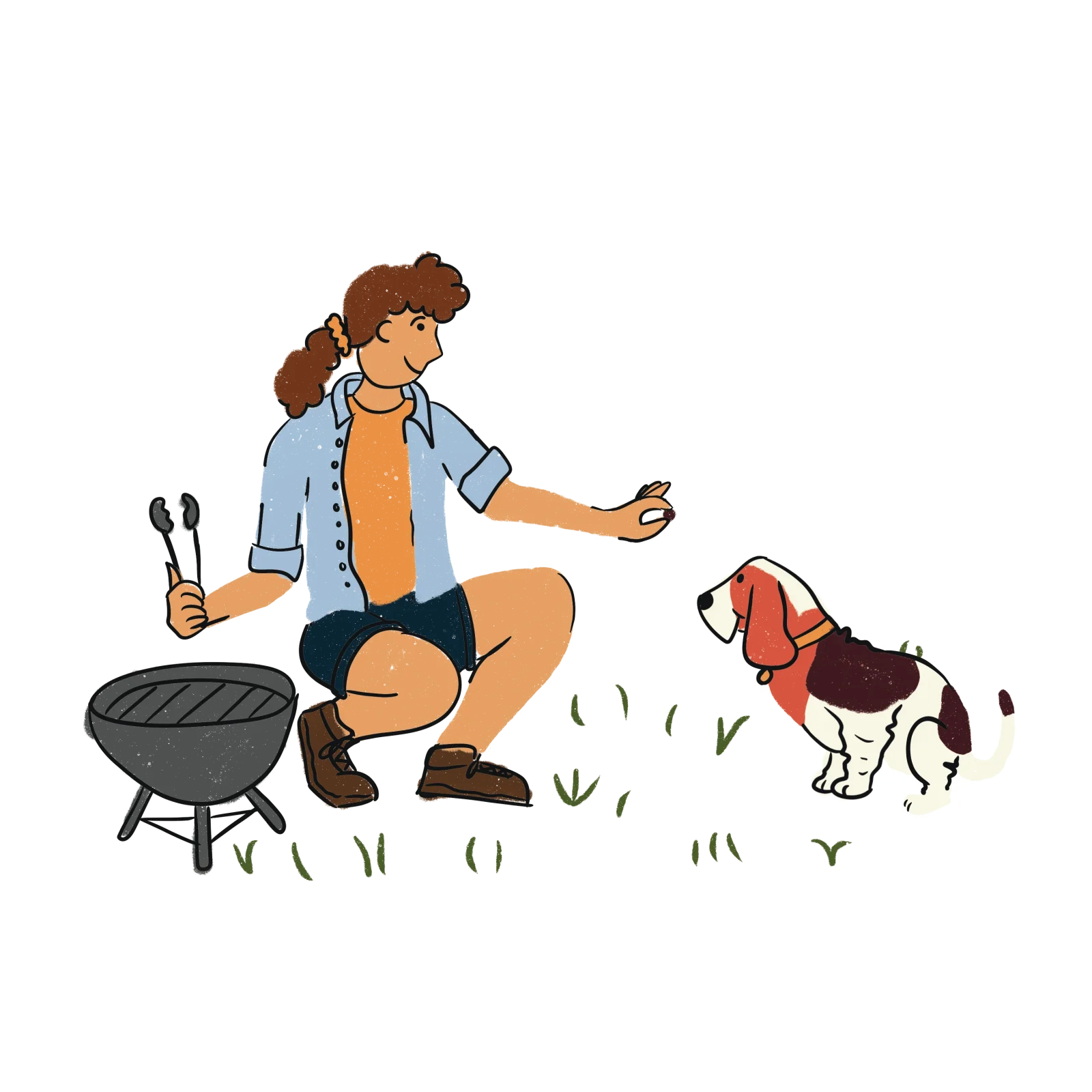First colour pass: pup parent in an orange tee and blue overshirt crouching at a grill, offering a treat to a standing basset hound