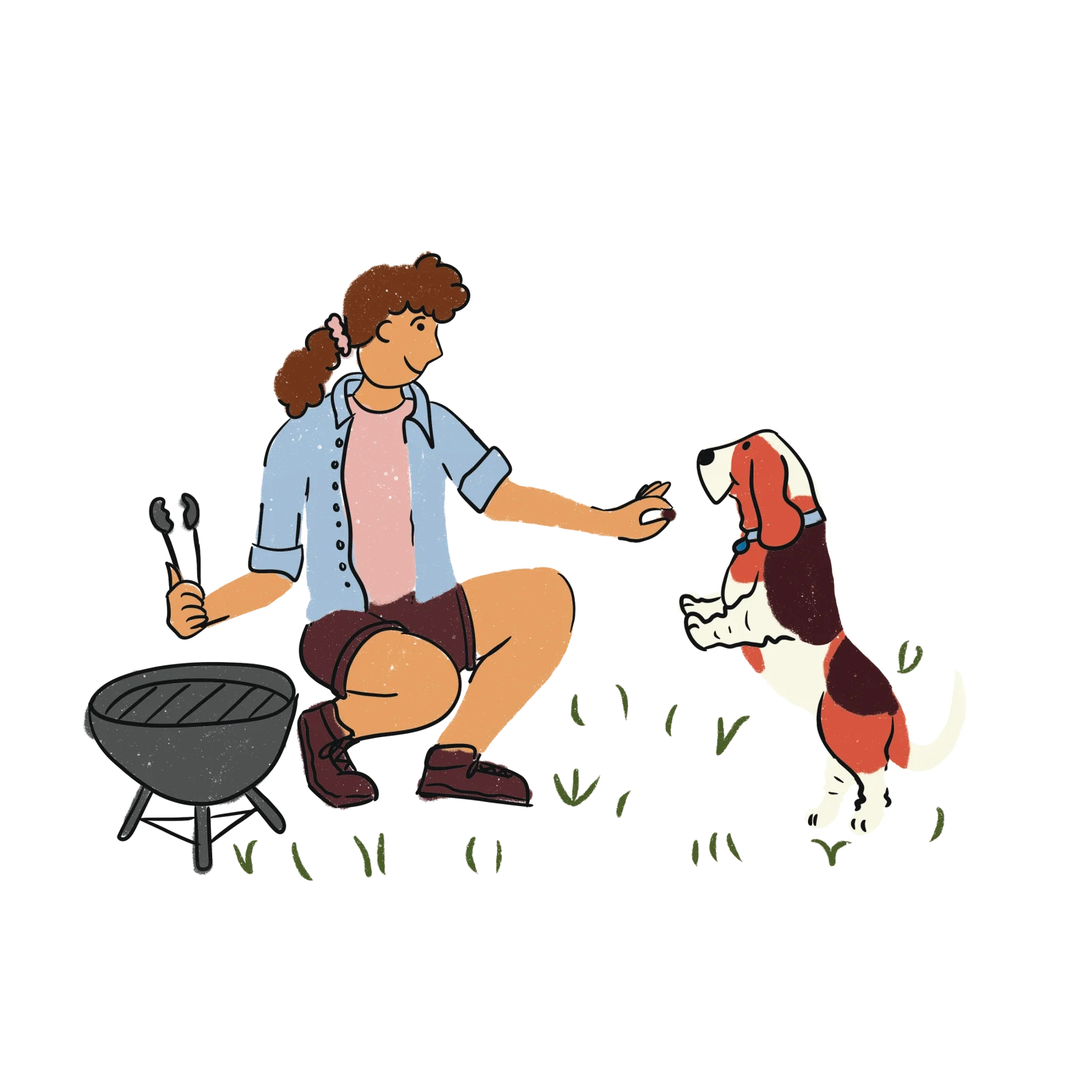 Revised colour pass: the basset hound is up on its hind legs begging for the treat; the tee is now Train pink
