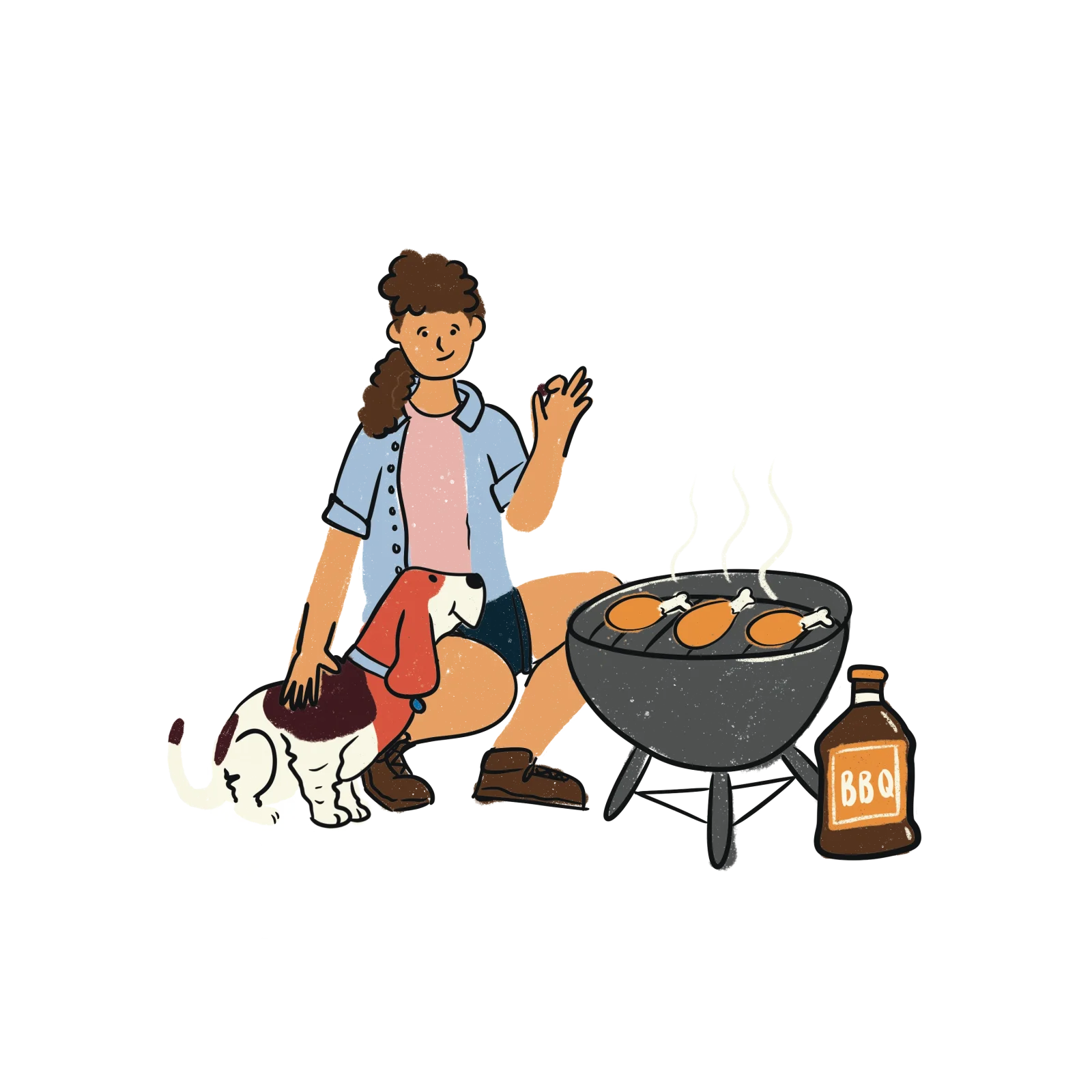 Refined illustration: pup parent sitting with the basset at their side, three drumsticks on the smoking grill and a BBQ sauce bottle beside it